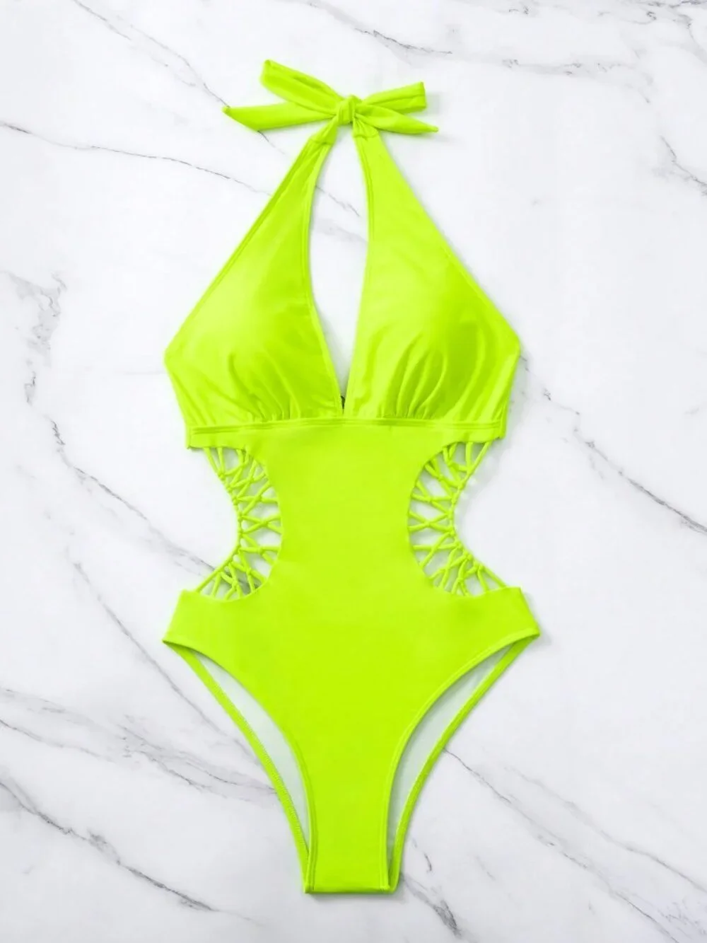 Lime Green Halter Neck Sleeveless Sexy Women's One-Piece Swimsuit